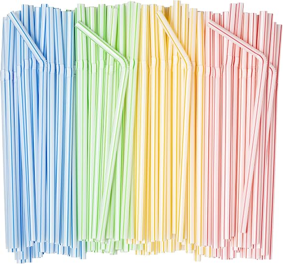 Comfy Package [400 Pack] 7.75"High Flexible Plastic Straws, Disposable Drinking Straws - Striped Assorted Colors