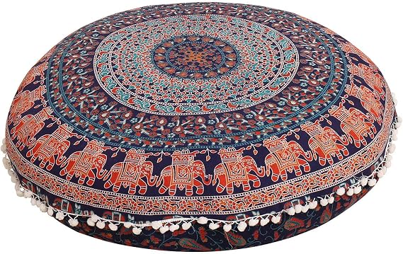 Elephant Floral Mandala Floor Cushion, Decorative Throw Pillowcases 32", Indian Pouf, Boho Ottoman, Pom Pom Outdoor Cushion, Boho Pillow Shams,