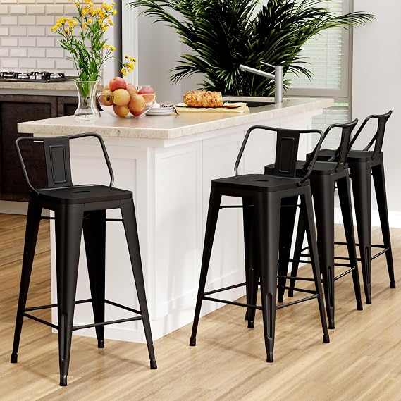 24 inch Metal Bar Stools Set of 4 Modern Counter Height Stools with Backs Industrial Low Back Bar Chairs for Indoor Outdoor Matte Black