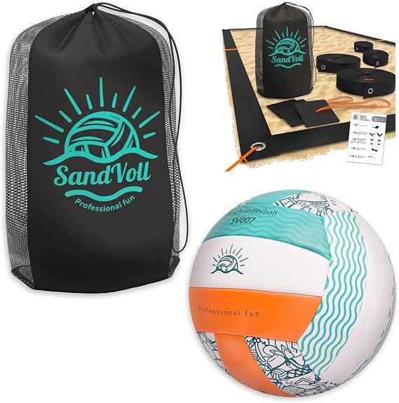 Beach Volleyball Lines + Outdoor Ball Includes Sand Anchors, Air Pump, Marker, and Carry Bag. Official Court Size Dimensions (26.3' x 52.6')