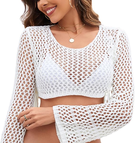 Trifabricy Beach Crochet Cover Ups for Women, Women's Sexy Long Sleeve Hollow Out Knit Tops Bikini Swimsuit Cover Up