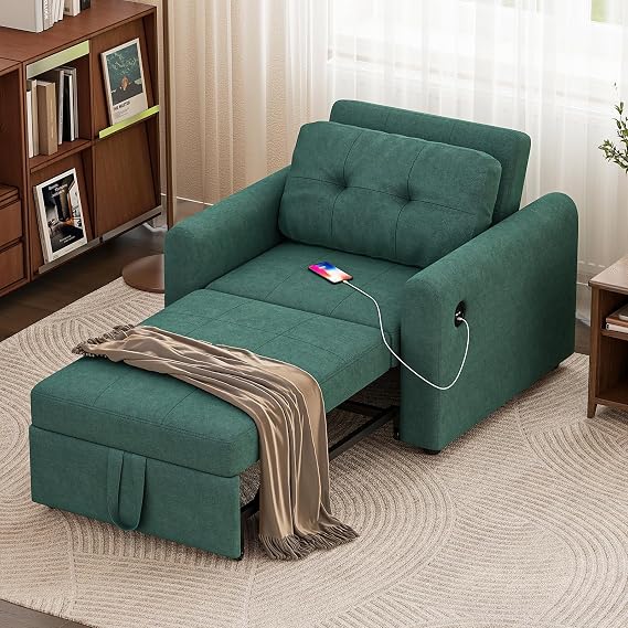 Single Sofa Bed Chair, 3-in-1 Convertible Pull Out Sofa Bed, Green | Small Sofa Bed Couch with 3 Position Adjustable Backrest, Side Pockets, Charge Port for Living Room, Guest Room, Office