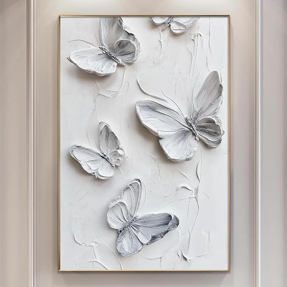 Butterfly Canvas Wall Art Abstract Texture Print Minimalist Abstract Wall Art White Butterfly Painting Neutral Textured Pictures 3D White and Grey Painting for Living Room Wall Decor 16x24in No Frame