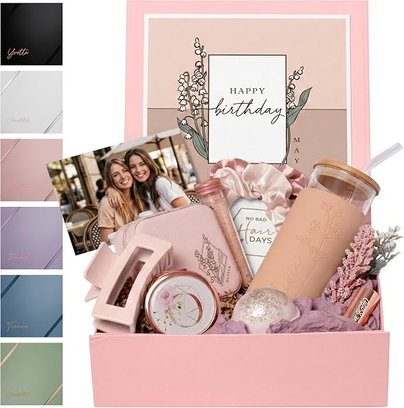 Personalized Happy Birthday Gift Set, Birthday Gifts for Women Unique, Birth Flower Month Tumbler for Self Care or Spa Gift for Her (HB3) (Blush, 3) Glam