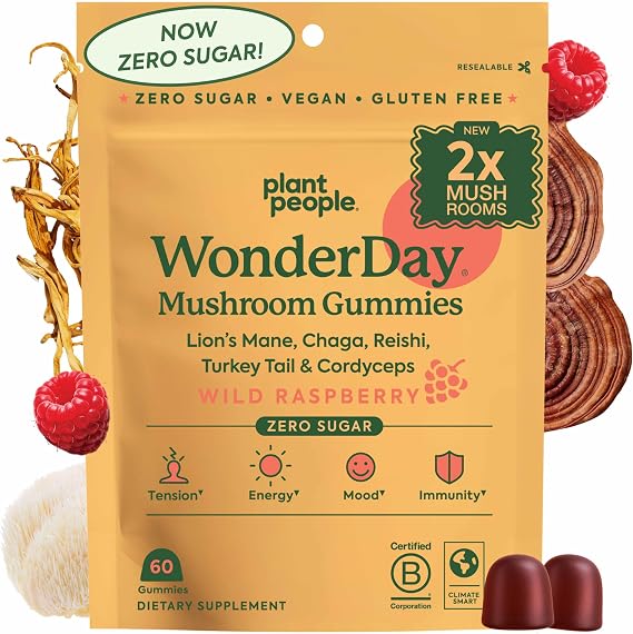 Plant People WonderDay Extra Strength Mushroom Gummies, Raspberry, 60ct