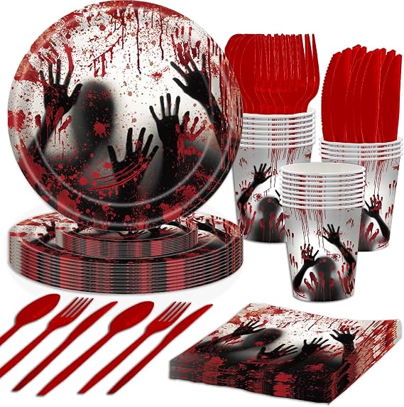 168 Pcs Bloody Halloween Supplies Serve 24 Zombie Horror Halloween Birthday Party Decorations Scream Bloody Good Time Party Plates and Napkins Dinnerware Set Horror Movie Decorations