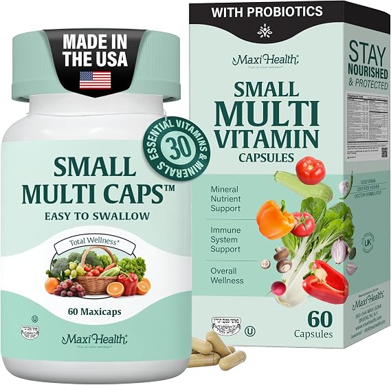 Maxi Health Multivitamin Easy to Swallow Multi Vitamin Capsules with 30 Nutrients, Iron & Probiotics Kosher Daily Multivitamins Small Capsules for Wellness Support & Digestive Ease (60 Units)