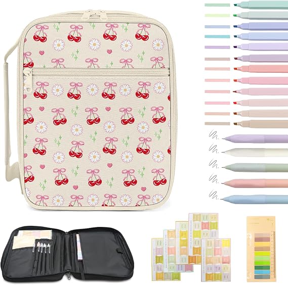 Cherry Bible Cover Case Set for Women Girls, Bible Carrying Case with Handle and Smooth Zipper, Multi-Functional Large Bag for Teacher Student Daughter