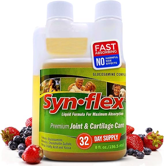 Synflex Liquid Glucosamine Original Formula - Chondroitin, Vitamins, Minerals - Drink Supplement for Men & Women, Helps Support Joint & Cartilage Health - Berry Flavor, 32 Day Supply