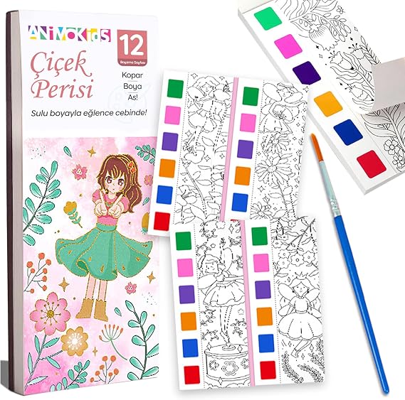 Animokids Renk Paletli Sulu Boya Kitabı + Fırça, 12 Sayfa Boyama Kitabı, Aktivite Boyama Seti, Çocuklar için Yeni Nesil Sulu Boya Defteri (Çiçek Peri)