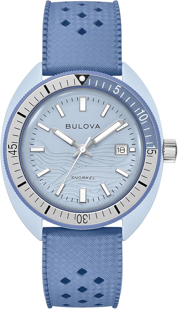 Bulova Oceanographer Snorkel Ceramic Case and White Perforated Rubber Strap Watch, Day Date 100M WR