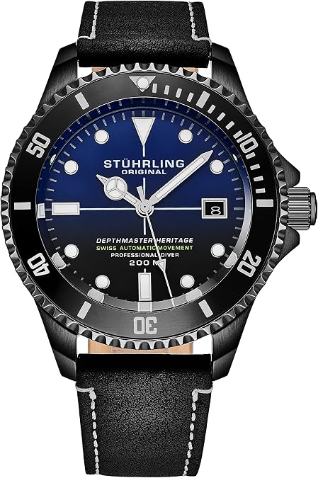 Stuhrling Original Mens Swiss Automatic Stainless Steel Professional DEPTHMASTER Dive Watch, 200 Meters Water Resistant, 42mm with Screw Down Crown and Genuine Leather Strap (Blue)