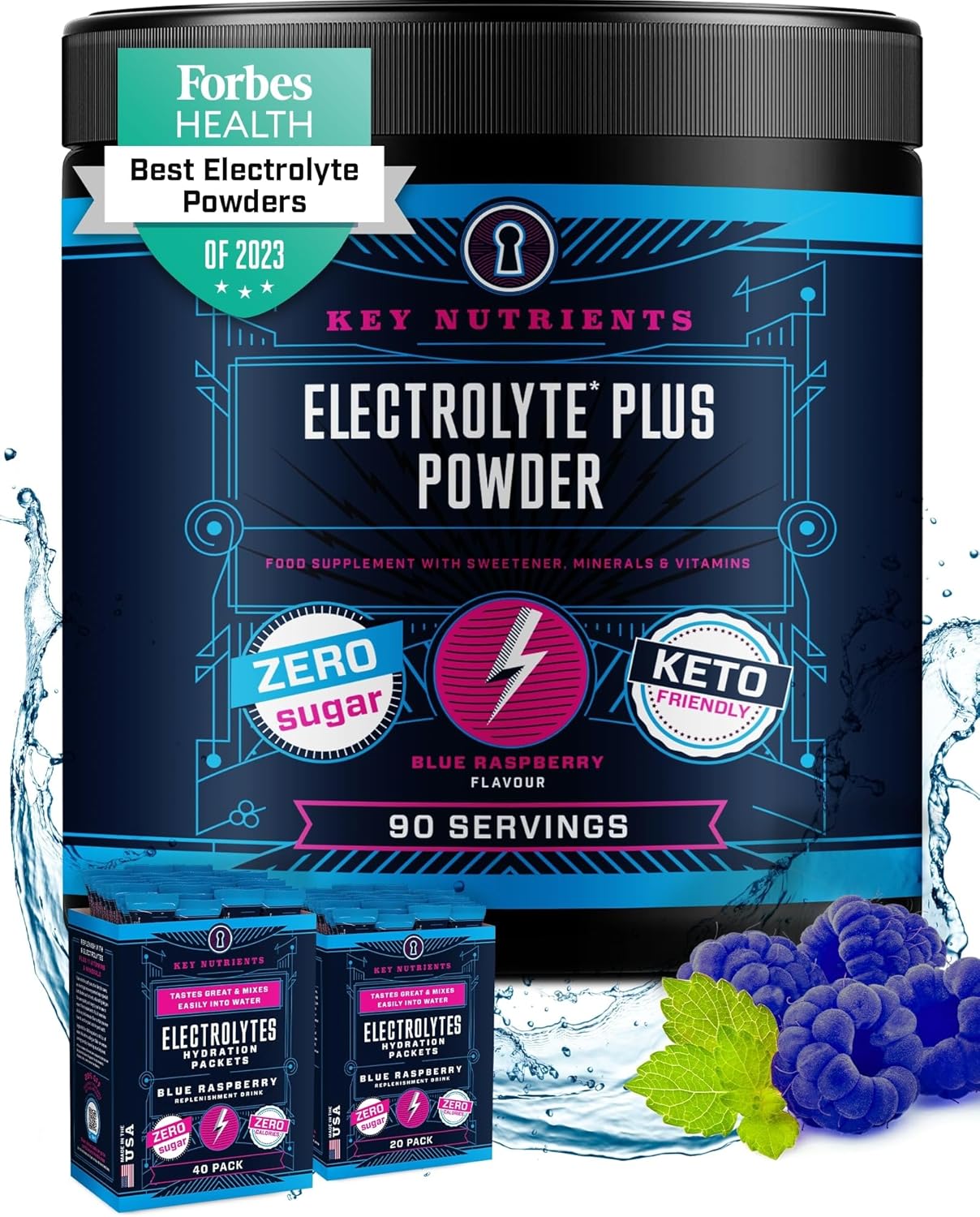 KEY NUTRIENTS Multivitamin Electrolytes Powder No Sugar - Refreshing Blue Raspberry Electrolytes - Sodium & Energy Supplement - Hydration Powder - No Calories - 4 g x 90 Servings 360 Grams
