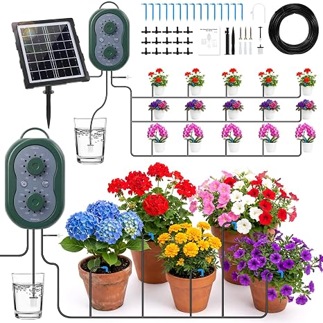 Solar Irrigation System, 3W Garden Automatic Watering System for 15 Potted Plants, Solar Drip Irrigation System with Timer and 15 Meter Hose for Plants on The Balcony, in The Plant Bed and Greenhouse