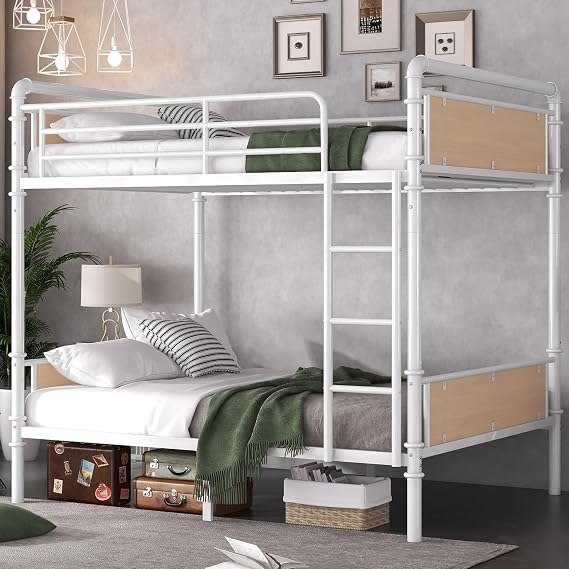 Twin XL Over Twin XL Metal Bunk Bed with Detachable Design and Safety Guard Rails for Teens, White Industrial Style