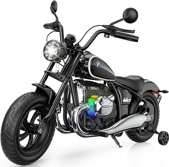 ANPABO Licensed BMW 24V Kids Electric Motorcycle for Kids 5-8, Black | Electric bike w/peak 300W brushless motor, up to 12 Miles & 13MPH, RGB lights, removable training wheels, UL-2272 certified