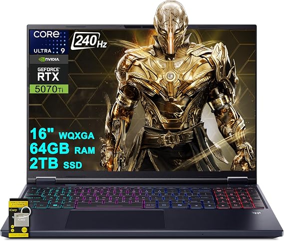acer Predator Helios Neo 16S AI Gaming Laptop 16" 2560x1600 OLED 240Hz (100% DCI-P3) Intel 24-core Ultra 9 275HX 64GB RAM 2TB SSD GeForce RTX 5070 Ti DLSS4 (Up to 992 AI Tops) Win11 ICP Hub