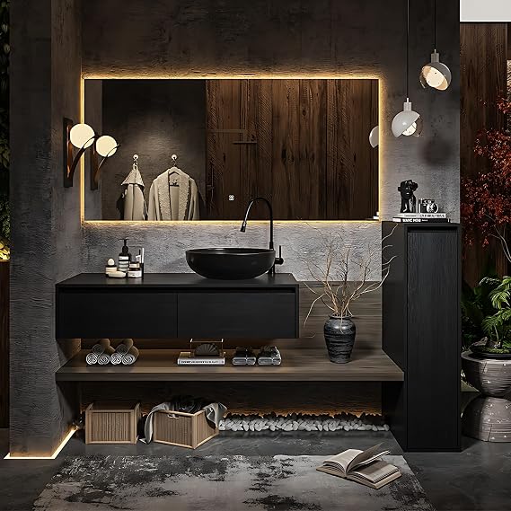 Solid Wood Bathroom Vanity with Sink - Modern Bathroom Vanity Cabinet with LED Anti-Fog Mirror | Stylish Tall Storage | Soft Close Drawers | Above Counter Basin | Multiple Sizes(Black,40 in)