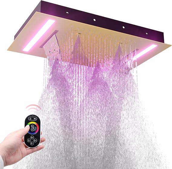 HOMEDEC 14x20" Luxury LED Shower Head with Lights, 3 Functions Rainfall Waterfall Mist, High-Pressure Ceiling Mount Showerhead, Brushed Gold