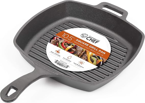 Commercial Chef 10.5-Inch Cast Iron Square Grill Pan, Pre-Seasoned, CHFL75