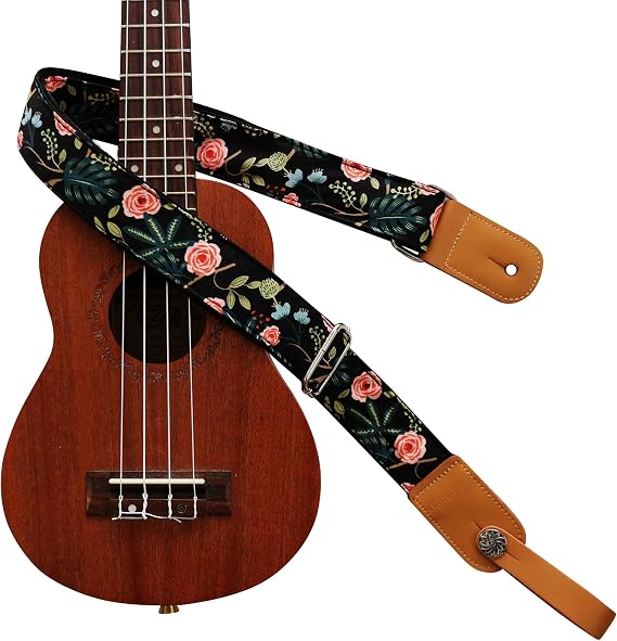 MUSIC FIRST Original Design Dark Night Garden Soft Muslin & Genuine Leather Ukulele Strap Ukulele Shoulder Strap With a Genuine Leather Strap Locker