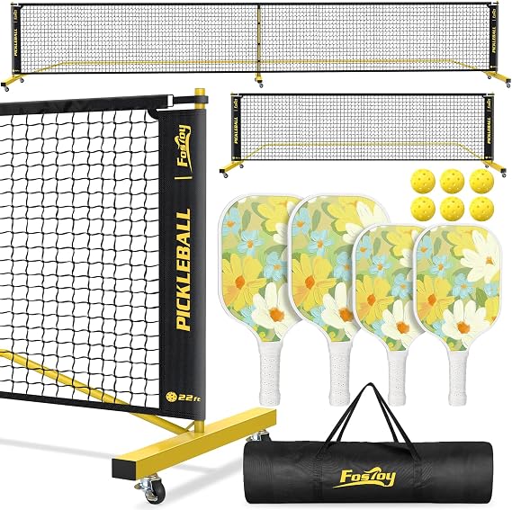 Fostoy Pickleball Net Set with Wheels,4 Fiberglass Paddles,6 Pickleballs