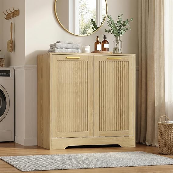 Laundry Hamper Cabinet, Small Tilt-Out Bathroom Storage Unit with Narrow Hidden Basket Chest Bathroom Cupboard