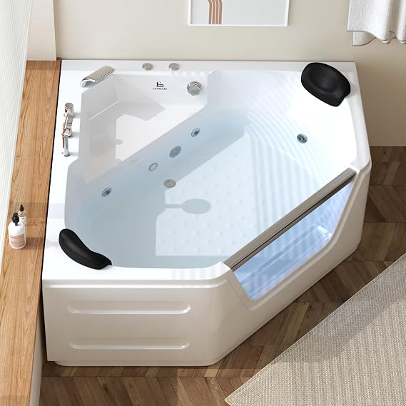 59 in Corner Jetted Bathtub for 2 with LED and Dual Headrests | Acrylic Jetted Soaking Tub, 6 Hydrotherapy Massage Jets, 7-Color LED Lighting, Dual Headrests, Bathroom Spa, White