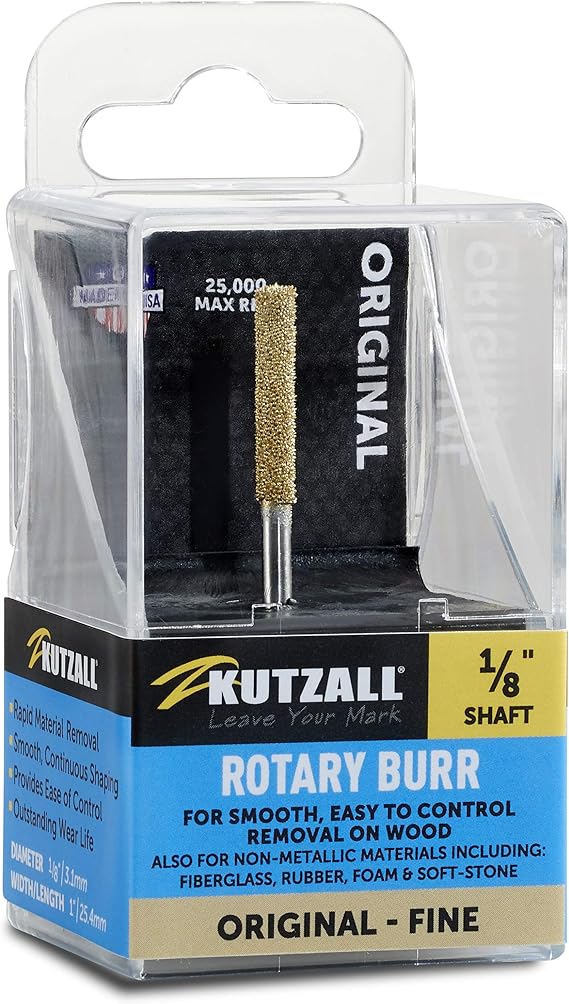 Kutzall Original Cylinder Rotary Burr, 18" Shaft, Fine - Wood Carving Bit for Dremel, Foredom, DeWalt, Milwaukee. Abrasive Tungsten Carbide, 18" (3.1mm) Dia. X 78" (22.2mm) Length, C-18-EG