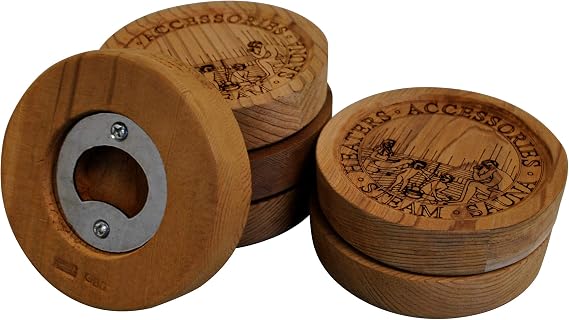 Northern Lights Group Sauna Coaster/Bottle Opener - Cedar - 6 Pack