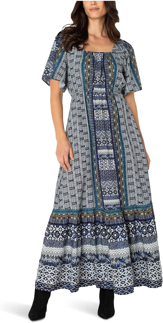 Liverpool Women's Elbow Sleeve Square Neck Woven Maxi Dress with Pockets
