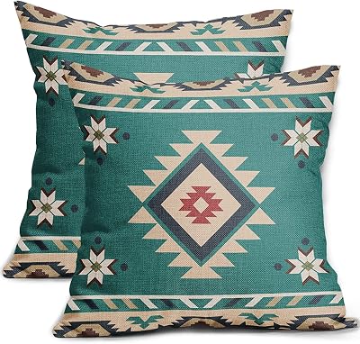 Sweetshow Western Native American Throw Pillow Covers 20x20 Inch Turquoise Blue Aztec Southwest Decorative Pillow Cases for Couch Set of 2 Linen Cushion Cover for Couch Sofa Patio Bedroom Livingroom