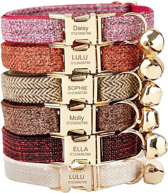 Personalized Cat Collar Custom Engraved Name & Phone Number, Soft Adjustable Fabric, Secure Metal Buckle (Tweed)