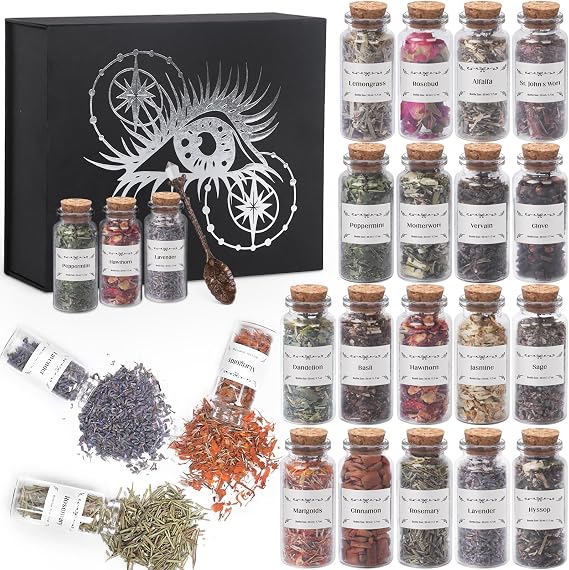 18 Pack Witchcraft Herbs Box, Bigger Size Flowers Kit for Witchy Beginners