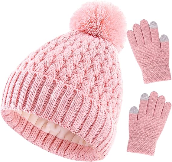 Kids Winter Hat and Gloves Set, Girl Warm Knit Beanie with Pom Fleece Lined for Toddler Boys Girls 1-6 Years
