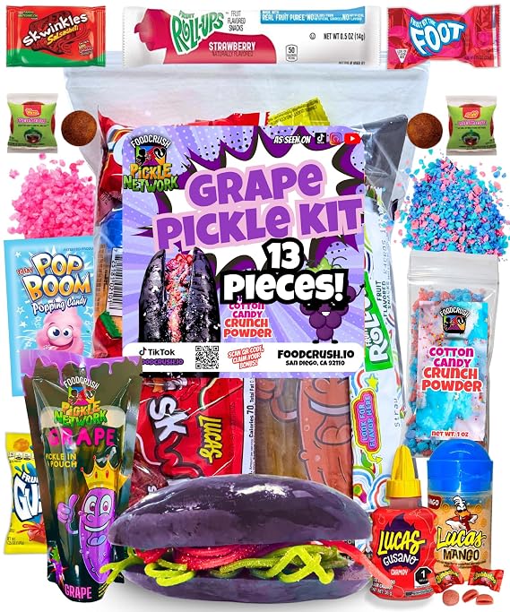 Grape Pickle Kit | Candy Gift Pouch-Gifts For Kids teens teen girl boy | w/Fruit Roll ups, skwinkles salsagheti, Lucas chamoy sauce, Mexican candy snacks Variety Pack Tiktok trend items by Food Crush