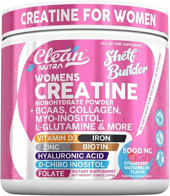 Creatine for Women | Creatine Monohydrate + BCAA Powder Myo-Inositol Collagen Biotin Hyaluronic Acid Folate L Glutamine Vitamin D3 Iron Zinc D-Chiro-Maca Digestion Shelf Builder By Clean Nutra