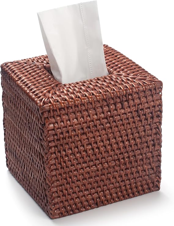 YANGQIHOME Square Rattan Tissue Box Cover, Hand Woven Wicker Tissue Holder, 14.5 x 14.5 X 14.5 cm, Honey Brown