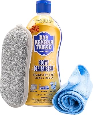 Bundle - 13 oz Bar Keepers Friend Cleanser & Polish | Stainless Steel Cleaner for Pots and Pans, Cooktops, Hard Water, Kitchen, Bathroom with Microfiber Towel & Scouring Pad