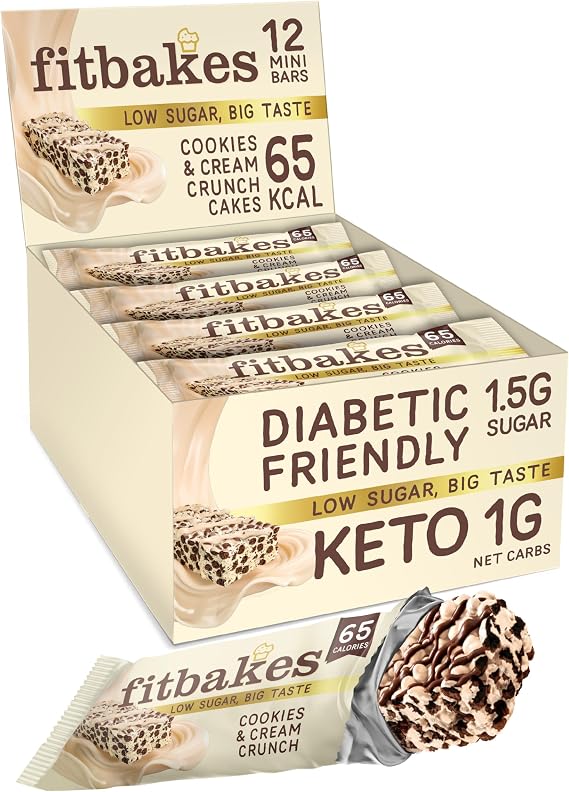 Fit bakes Keto Cookies & Cream Mini Bars, 1 Net Carb Low Sugar Diet, 12x19g | Diabetic Chocolate, Keto Snack, Low Carb, 65 Calorie Low Calorie Bar, Diabetic Sweets, Chocolate Crunch Cake, Fitbakes