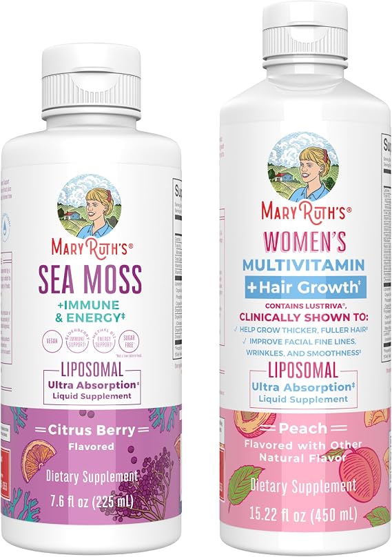 MaryRuth Organics Sea Moss Liposomal (Citrus Berry) & Women's Multivitamin + Hair Growth (Peach) | Clean Label Project Verified | Vitamins for Energy, Beauty, Immunity | Vegan, Non-GMO