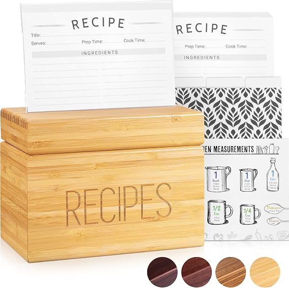 Wooden Recipe Box with 50 Recipe Cards & Dividers, 4x6 Card Holder, Bamboo