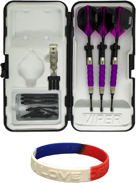 sure grip Viper Purple Soft Tip Darts with Dart Case & Accessories Choice of Flights 16 or 18 Grams Plus I Love Darts Bracelet (Pentathlon Vizion Swish Standard, 18)