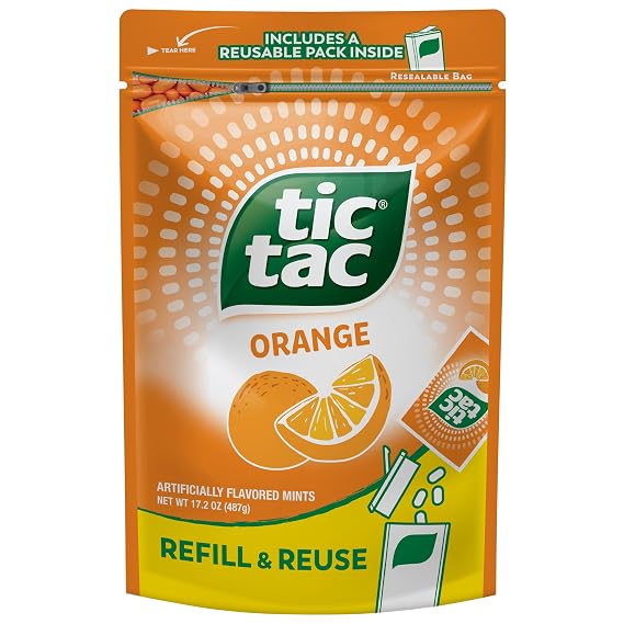 Tic Tac Bulk Orange Refill Bag, On-the-Go Pocket-Sized Mints, Includes Empty Refillable Pack, 17.2 oz