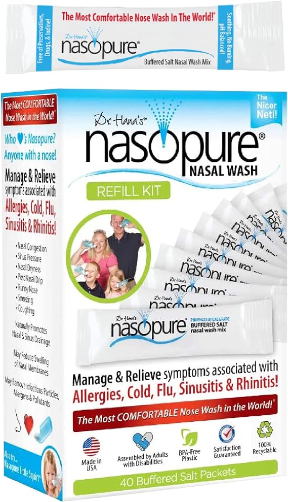 Nasopure Nasal Wash, Refill Kit, The Nicer Neti Pot Sinus Wash Kit, Comfortable Nasal Rinse 40 Salt Packets (3.75 Grams Each), Nasal Congestion, Cold, Flu, Allergy, Nasal Irrigation System, Lavage