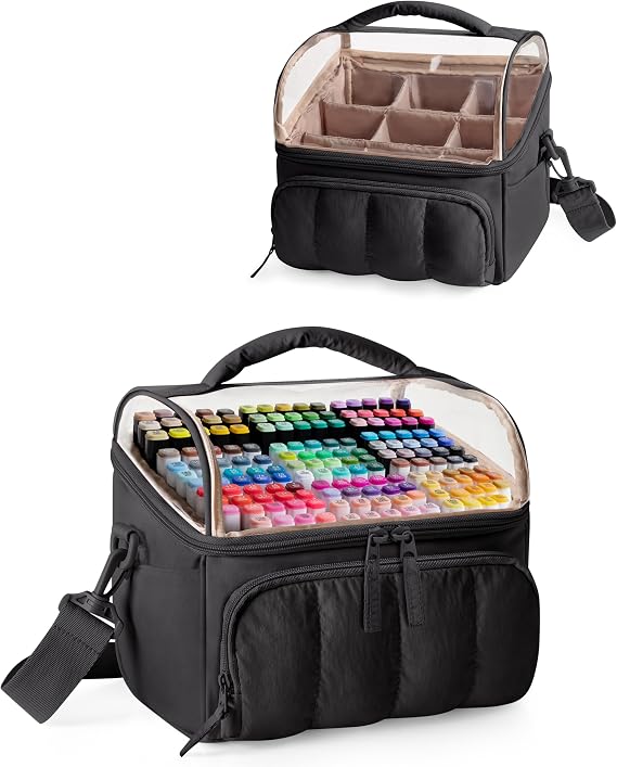 Marscamd Quilted Marker Organizer Case Holds 180 Markers, Marker Storage Organizer Bag with Dividers and Multiple Pockets (Bag Only), Black