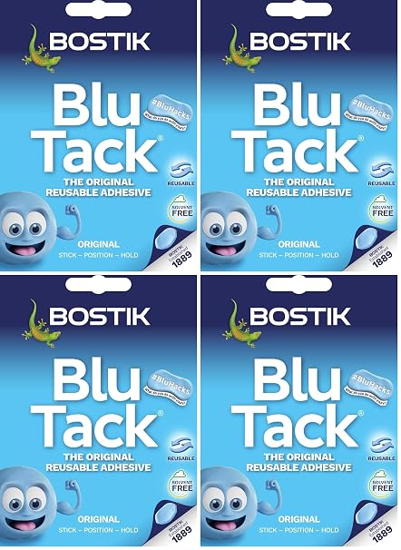 Bostik Blu Tack, Multipurpose Reusable Adhesive, Clean, Safe & Easy to Use, Non-Toxic, Handy Size, Colour: Blue (Pack of 4)