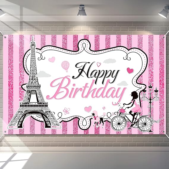 Paris Photo Backdrop Eiffel Tower Wall Tapestry Paris Themed Birthday Party Decorations Banner Pink Wall Hanging Decor, 5.9 x 3.6 ft