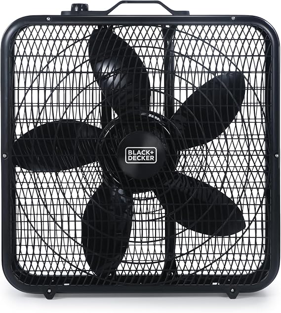 BLACK+DECKER 20 Box Fan with 3 Speed Settings, BFB20SB, Black | Powerful 80W Motor, 5-Blade Portable Fan with Carry Handle, Rotary Knob, Cooling for Home, Office, Garage, Basement & More