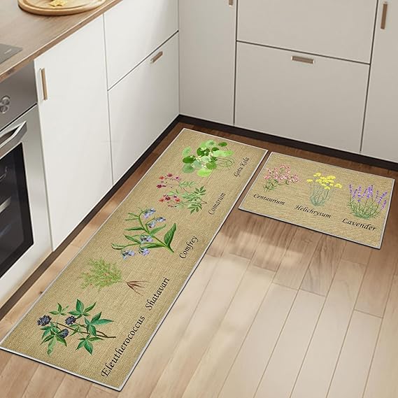 Kitchen Rugs Runner Set of 2 Anti Fatigue Kitchen Floor Mat for Home Decoration Office Waterproof Non Slip Kitchen Rug Set Comfort Standing Mats (Floral C, 43x75+43x150cm)